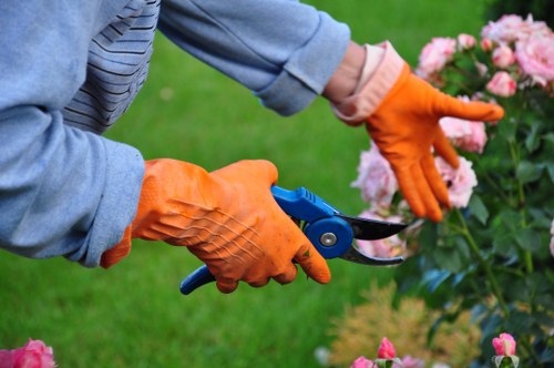 Worker applying health and safety practices while maintaining an outdoor site